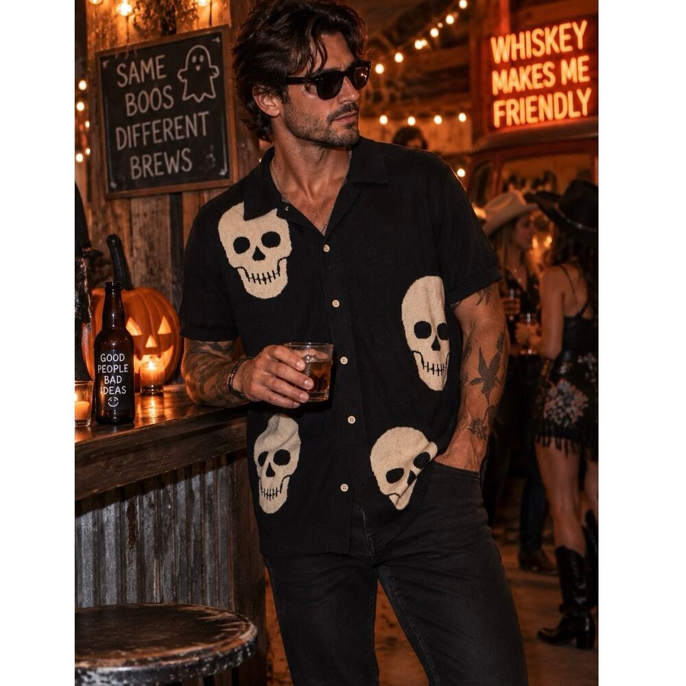 Retrofit Skull Knit Button Up Shirt Men L Black Halloween Goth Skeleton